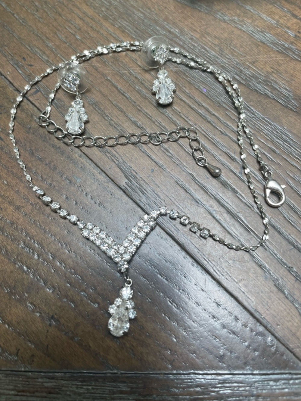 Rhinestone Necklace Earrings Set Silver Tone Teardrop Bridal Prom